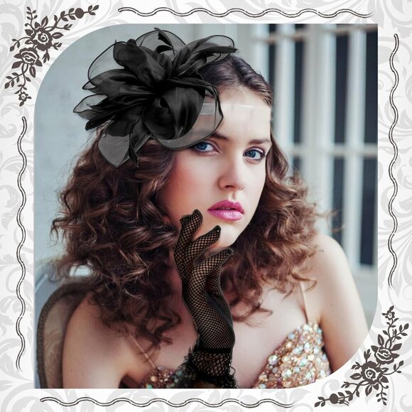 Vintage Black Feather Fascinator Hat with Lace Gloves for Tea Party Women Girl - Picture 7 of 8